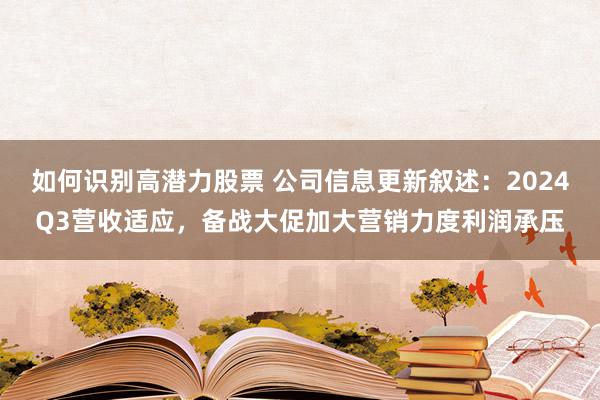 如何识别高潜力股票 公司信息更新叙述：2024Q3营收适应，备战大促加大营销力度利润承压